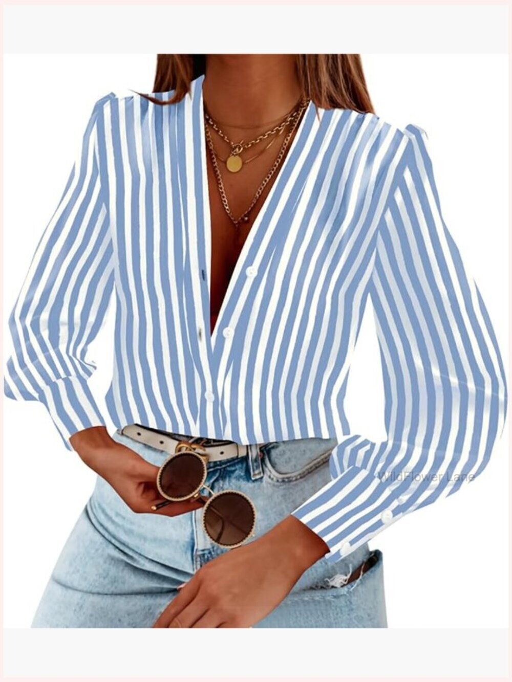 Women's Long Sleeve Button Down V Neck Blouse Business Casual Top